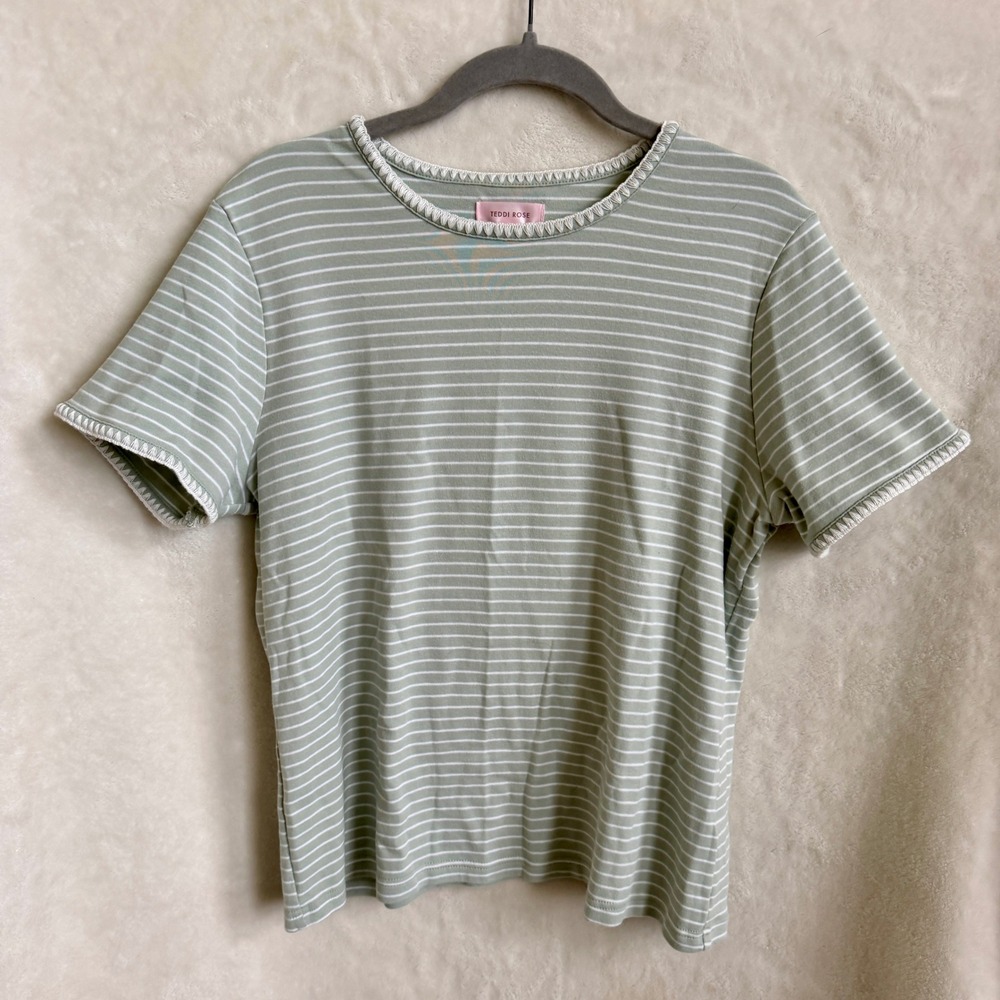 Teddi Rose Sage Green White Striped Crochet Trim Short Sleeve Tee Top Size L